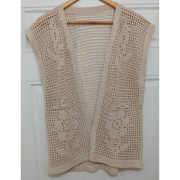 Hand made womens large sand beige open knit vest minimalist art to wear tan - Picture 1 of 4